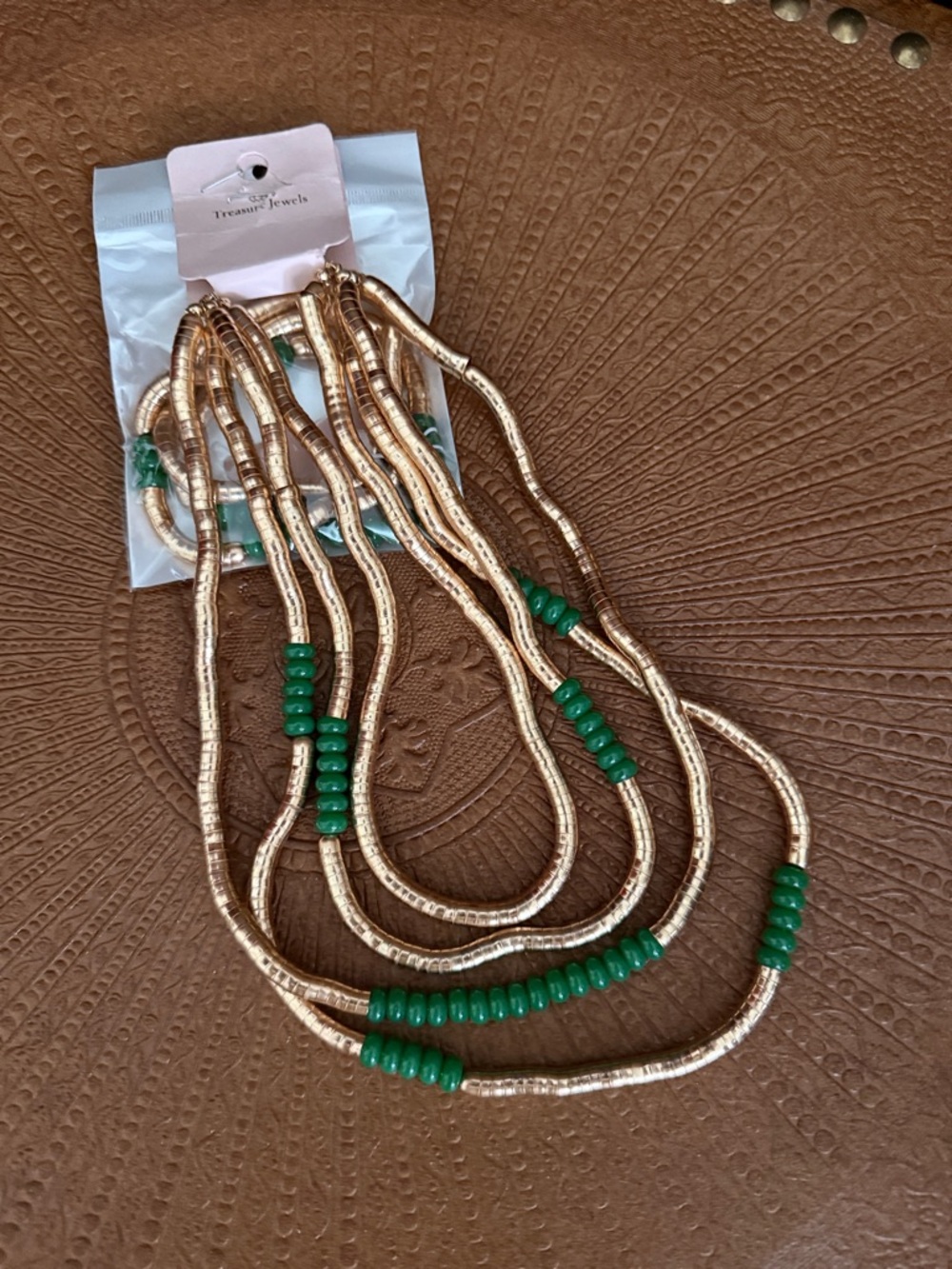 Treasure Jewels Gold-Tone Necklace and matching bracelet with Green Beads